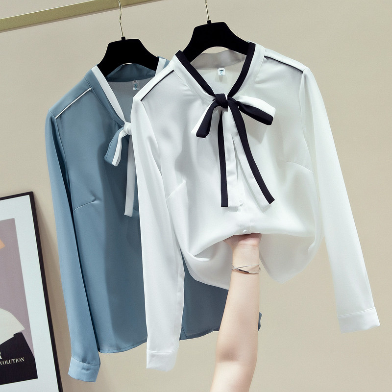 セーラー服 配色リボンタイ付き長袖セーラー風ブラウス