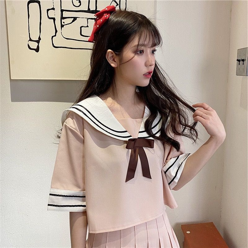 セーラー服 学園風リボン付き五分袖セーラー半袖トップス