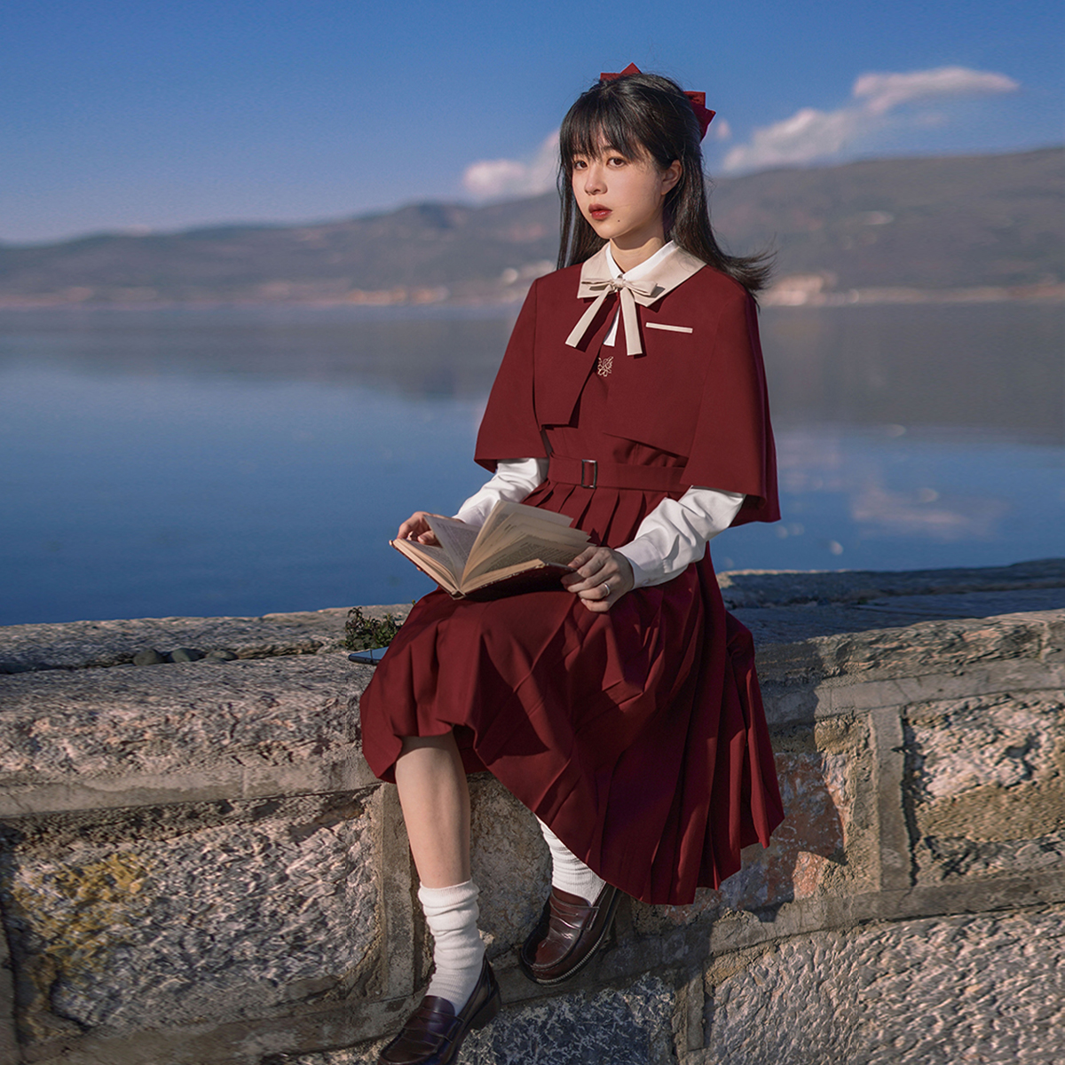 セーラー服 クラシック丸襟リボン付き長袖セーラーブラウス