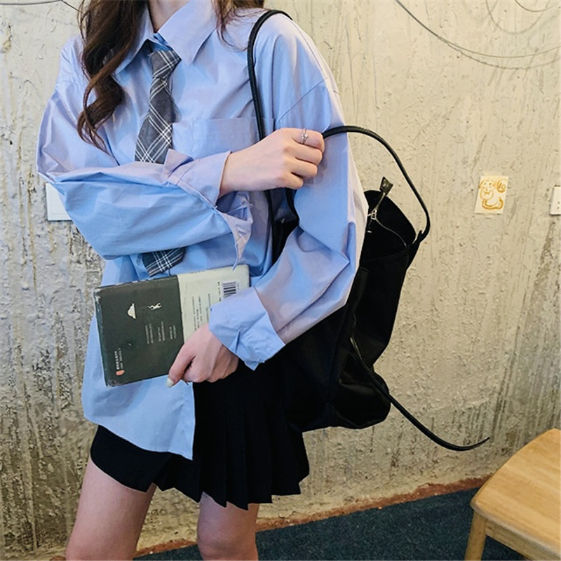 セーラー服 チェック柄ネクタイ付きゆったり長袖ブラウス