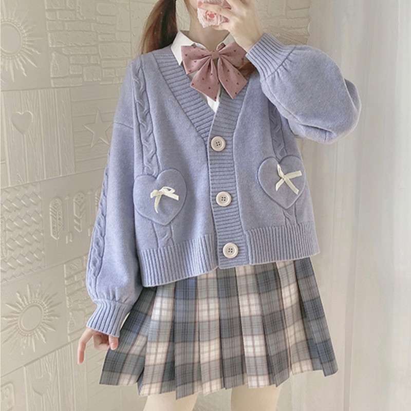 セーラー服  ハート刺繍リボン付きセーラー風カーディガン