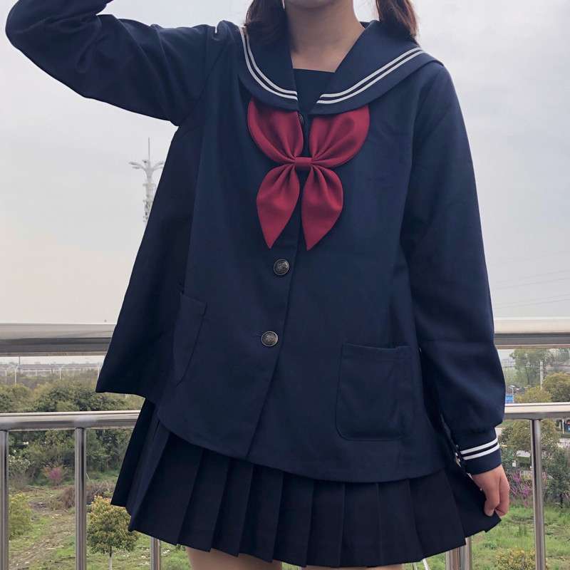 クラシック紺色セーラー服 赤リボン付き制服