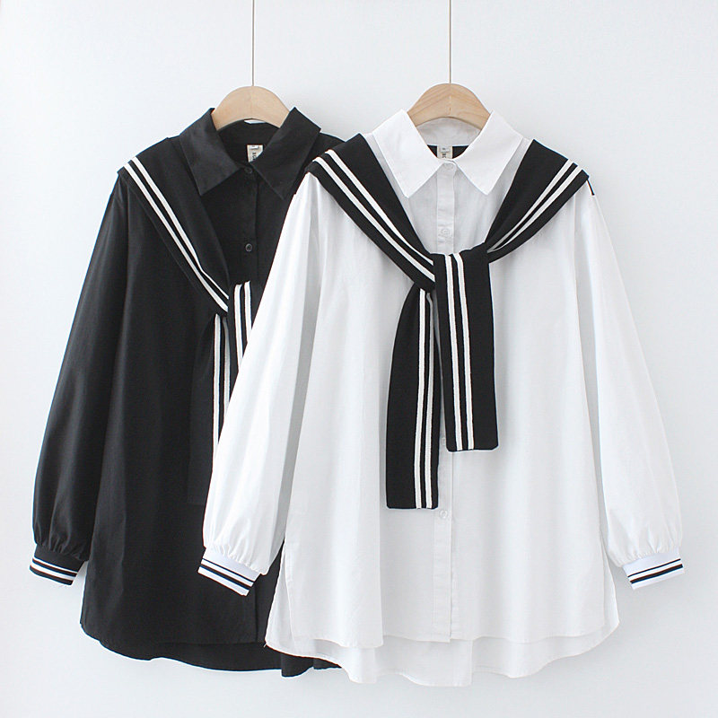 セーラー服 三本線リボン付きセーラー襟長袖ブラウス