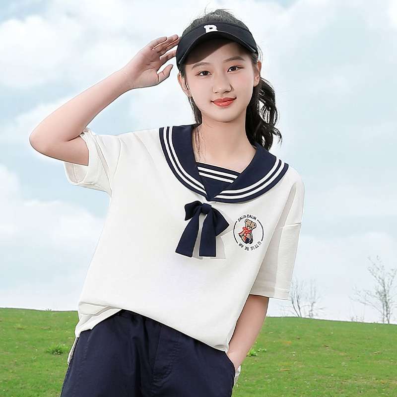 セーラー服  学園風リボン付きセーラーカラーTシャツ