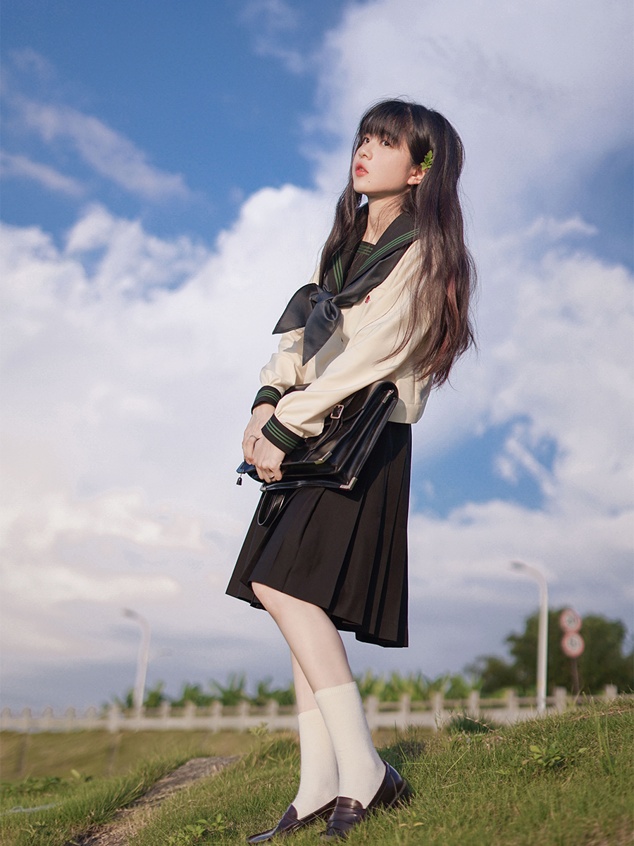 セーラー服 クラシック襟リボン付き長袖セーラーブラウス