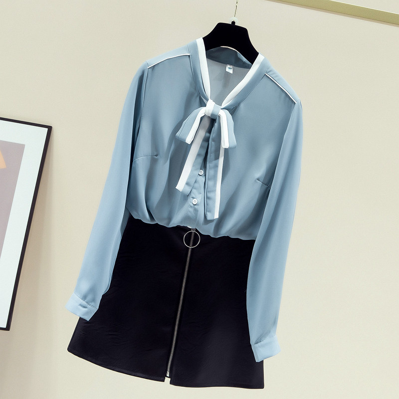 セーラー服 配色リボンタイ付き長袖セーラー風ブラウス