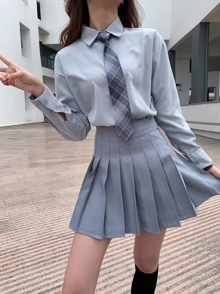 セーラー服 学園風チェック柄ネクタイ付き長袖制服ブラウス