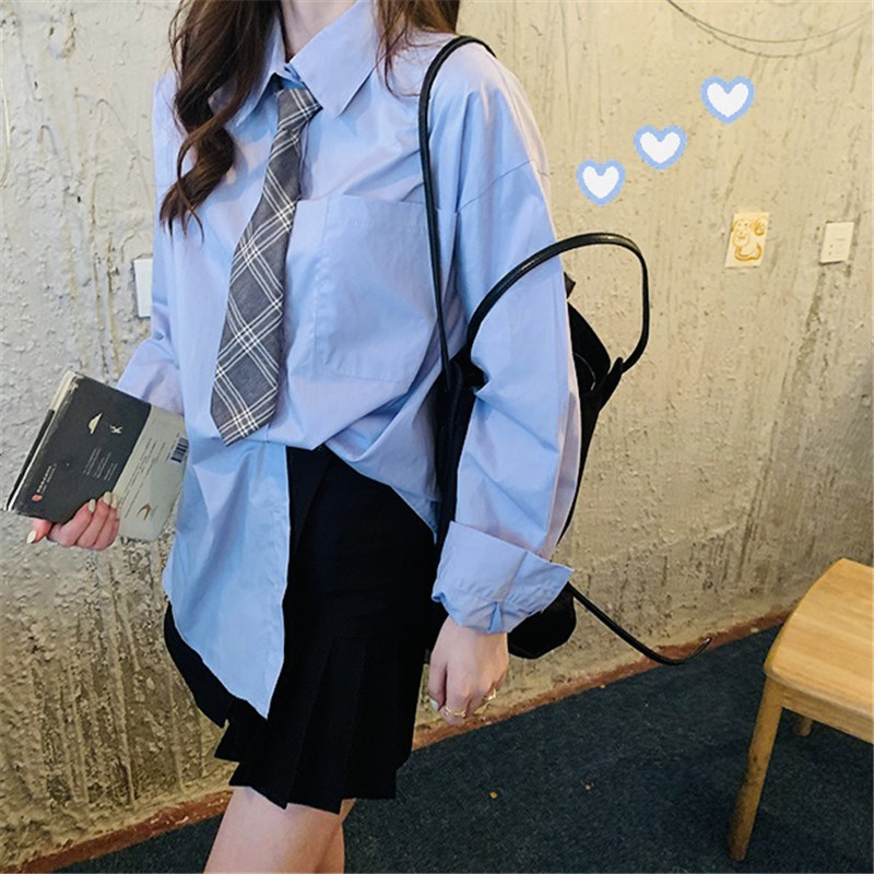 セーラー服 チェック柄ネクタイ付きゆったり長袖ブラウス