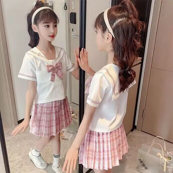 セーラー服 格子柄リボン付き学園風セーラー半袖ブラウス