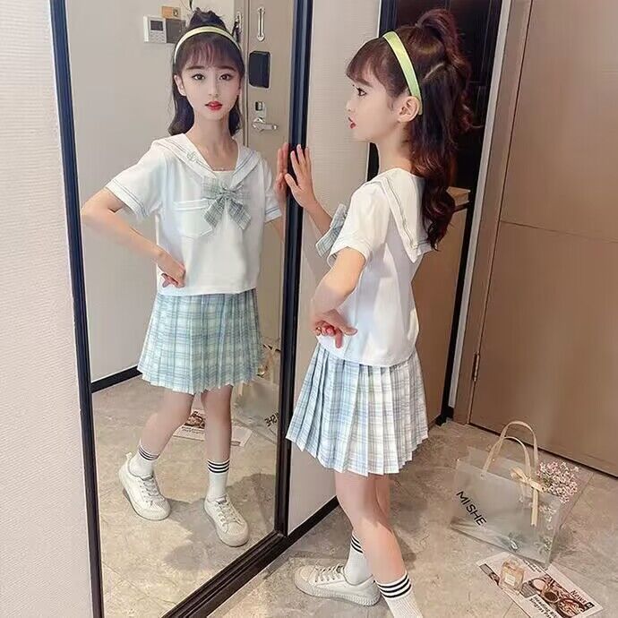 セーラー服 格子柄リボン付き学園風セーラー半袖ブラウス