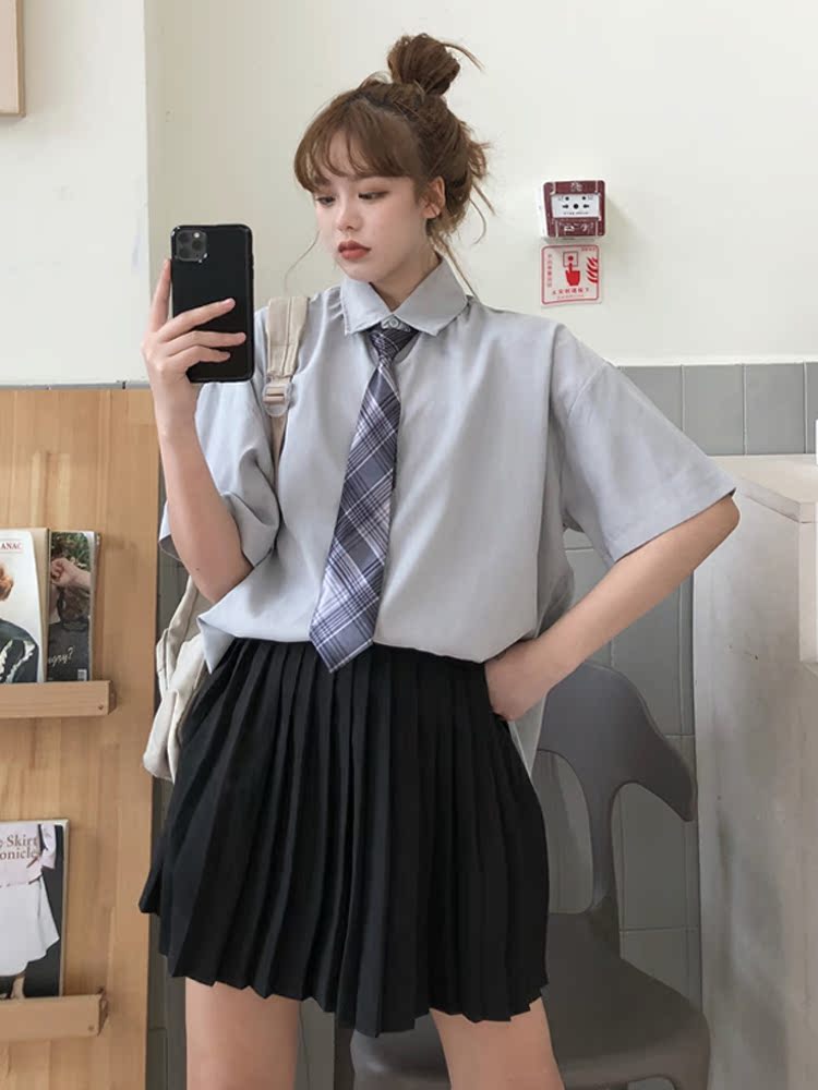セーラー服 学園風チェック柄ネクタイ付き長袖制服ブラウス