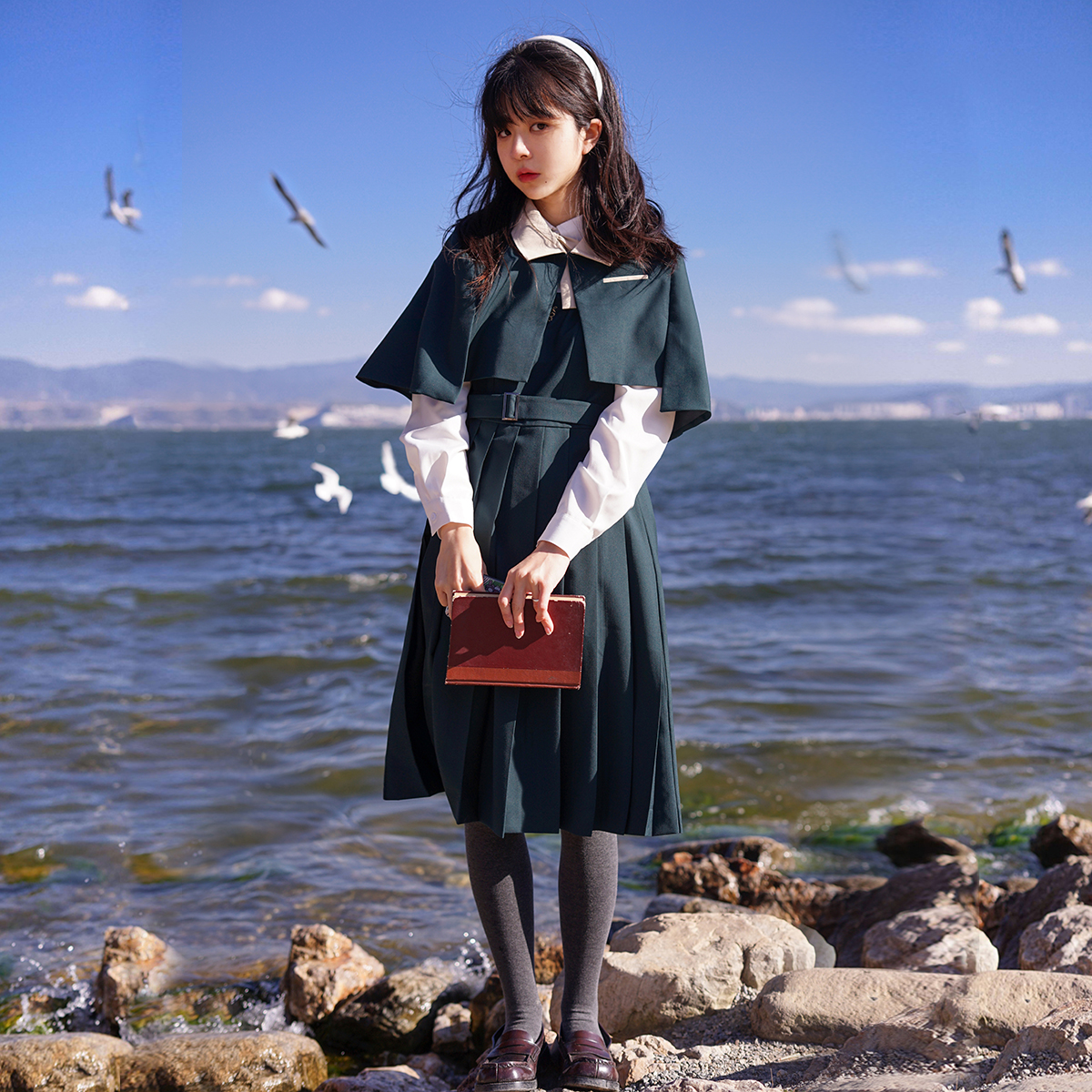 セーラー服 クラシック丸襟リボン付き長袖セーラーブラウス