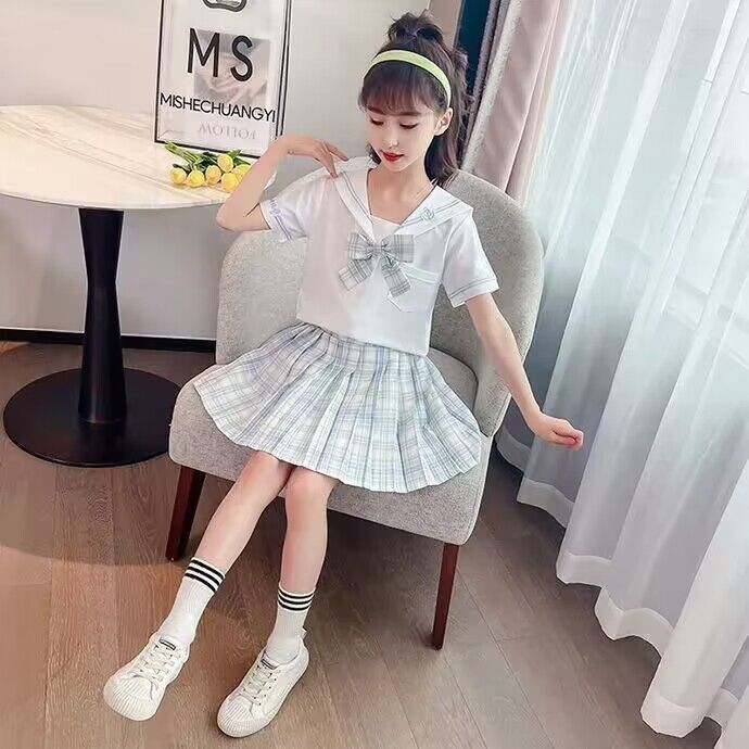 セーラー服 格子柄リボン付き学園風セーラー半袖ブラウス