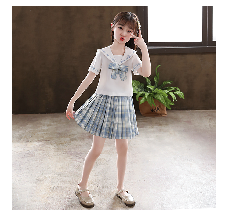 セーラー服 清楚可愛いチェック柄リボン付き半袖セーラーブラウス