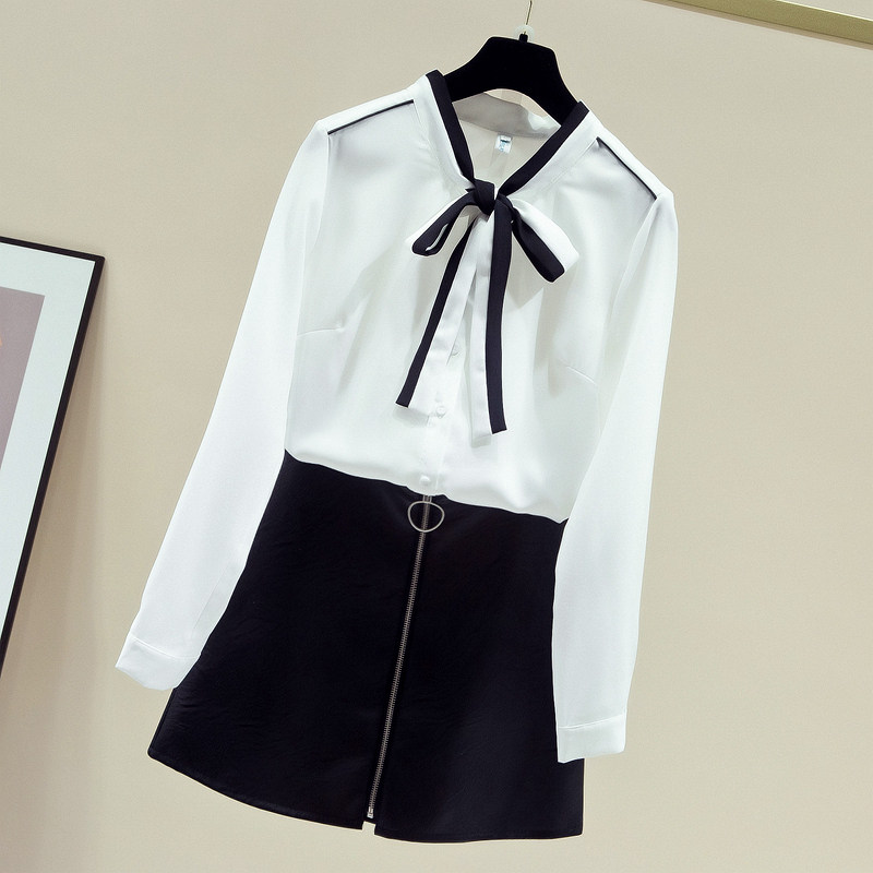 セーラー服 配色リボンタイ付き長袖セーラー風ブラウス