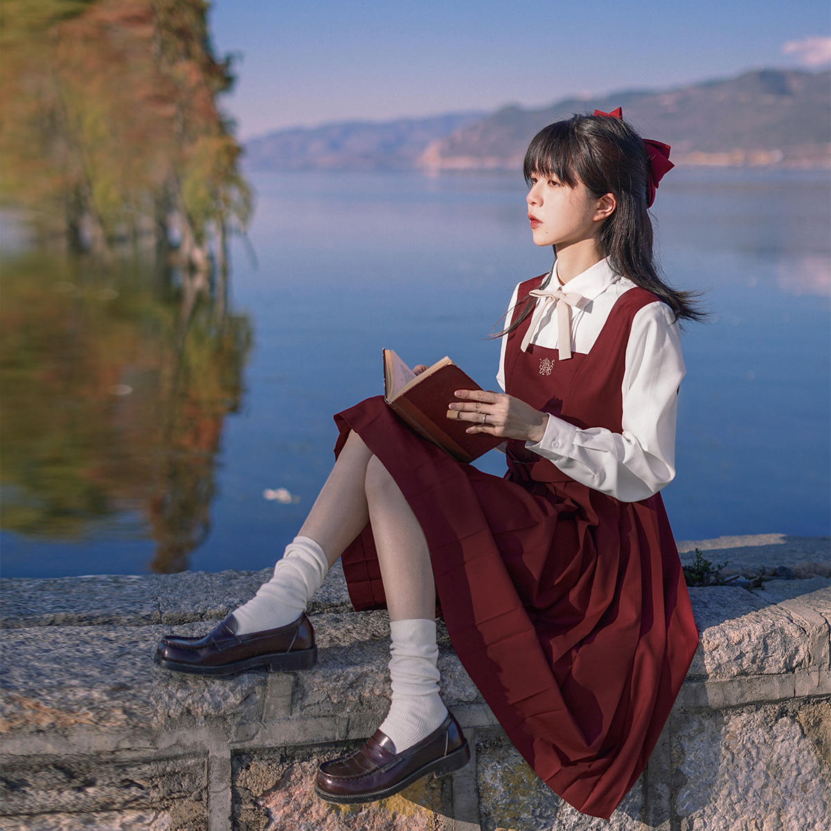 セーラー服 クラシック丸襟リボン付き長袖セーラーブラウス