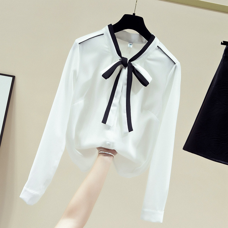 セーラー服 配色リボンタイ付き長袖セーラー風ブラウス