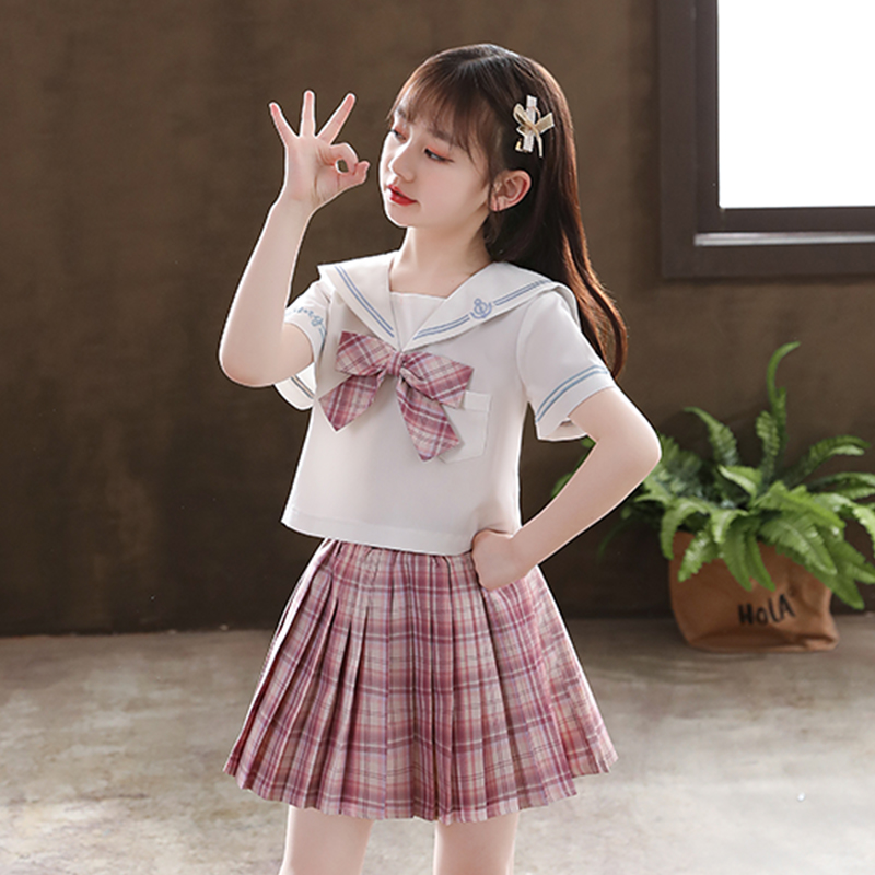 セーラー服 清楚可愛いチェック柄リボン付き半袖セーラーブラウス