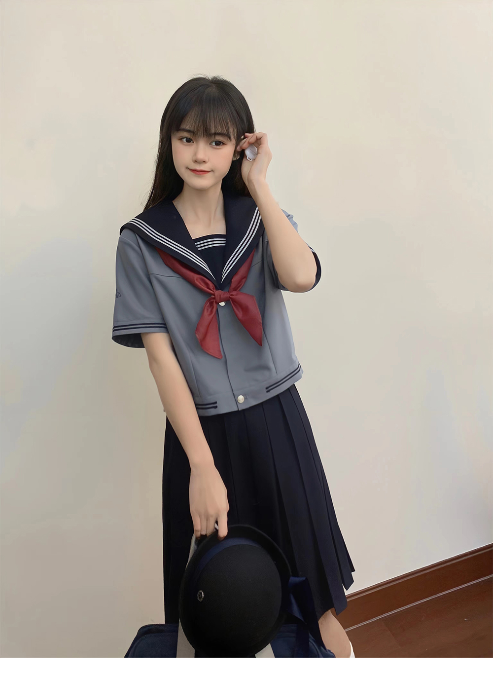 セーラー服 学院風三本線セーラー襟半袖制服ブラウス