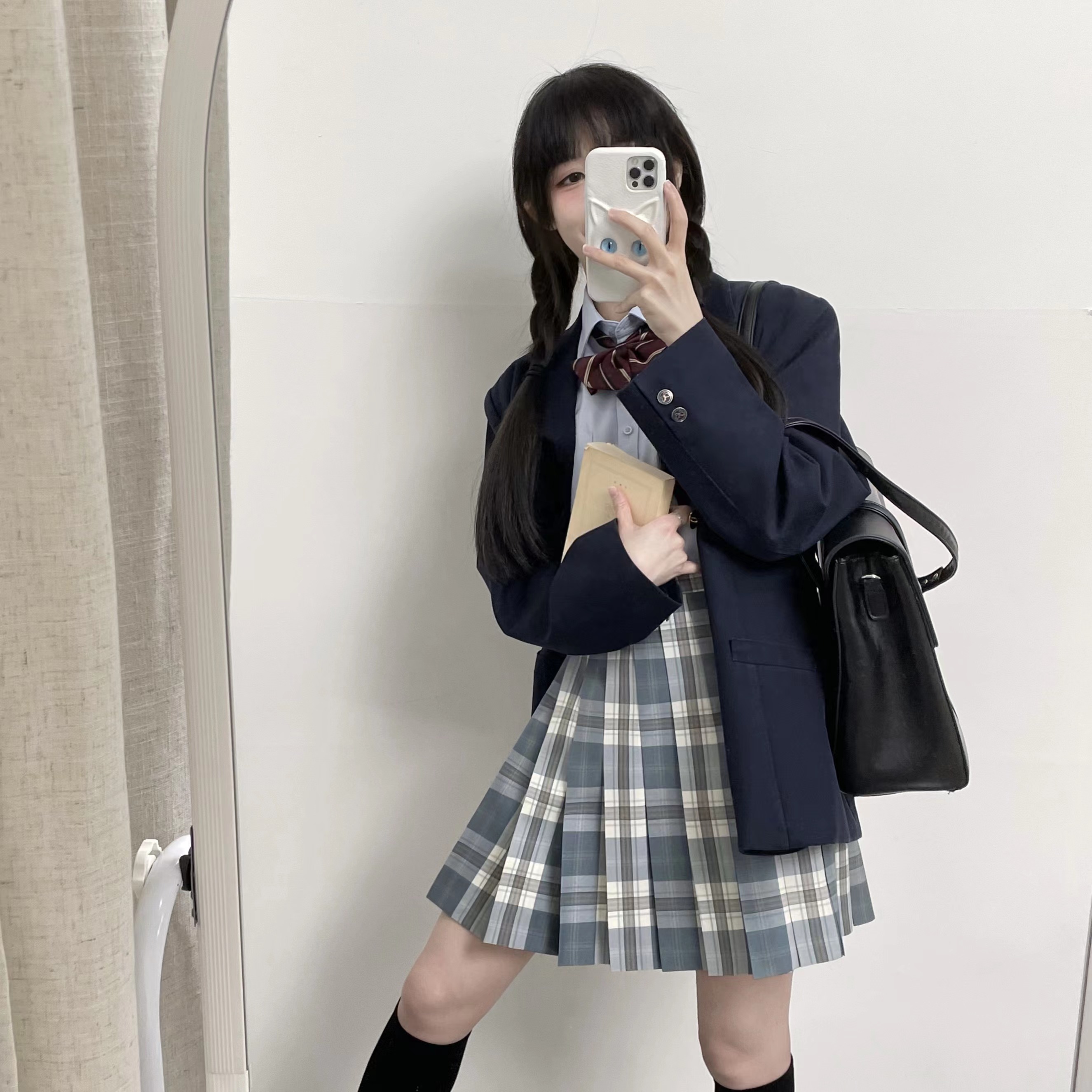 セーラー服 格子柄リボン付き半袖制服風ブラウス
