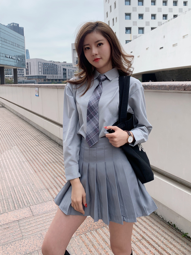 セーラー服 学園風チェック柄ネクタイ付き長袖制服ブラウス