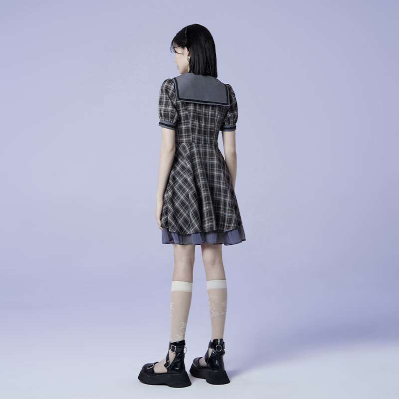 セーラー服  ゴシックパンク風チェック柄セーラーワンピース