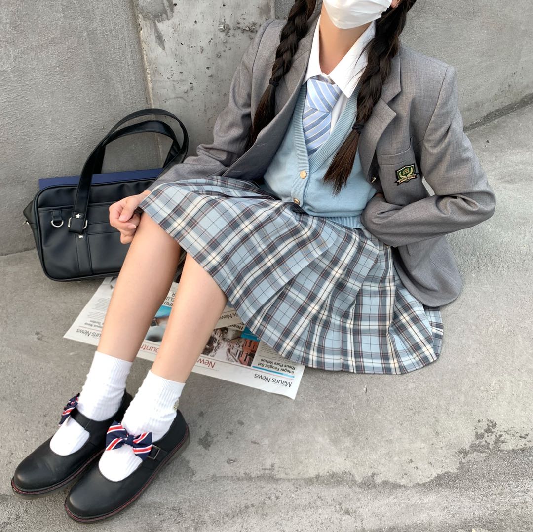 セーラー服 格子柄リボン付き半袖制服風ブラウス