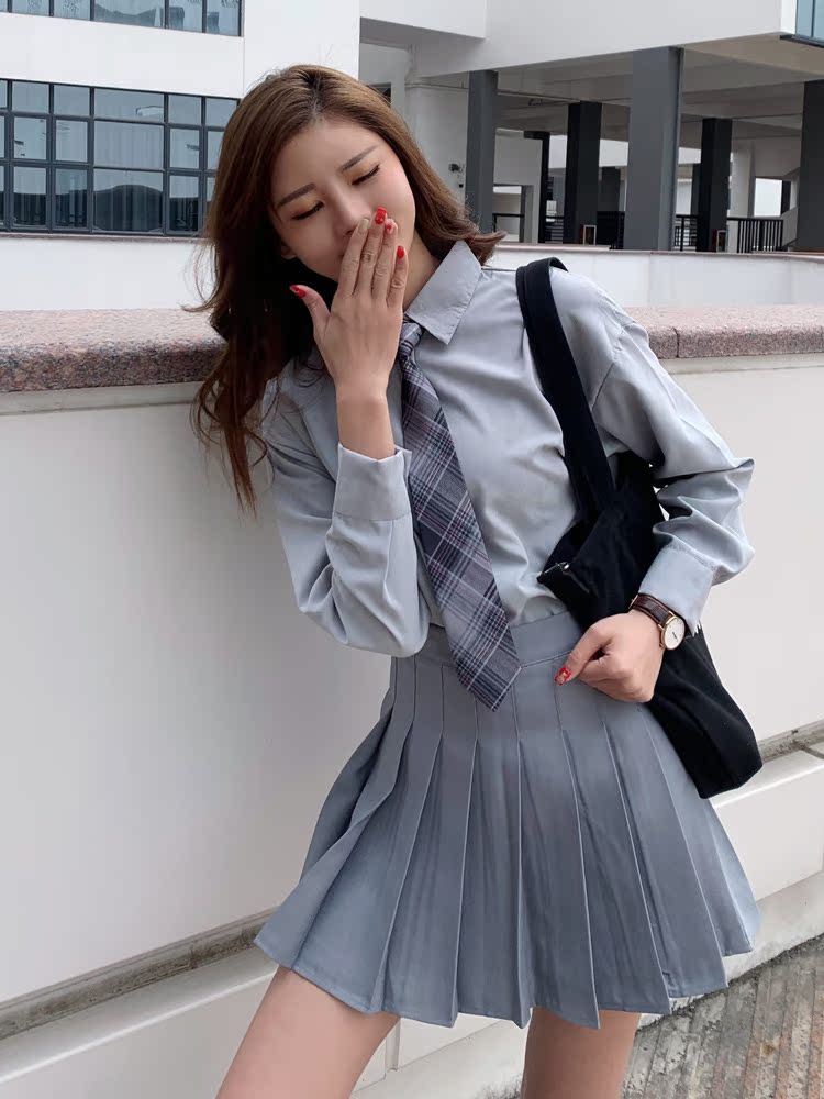 セーラー服 学園風チェック柄ネクタイ付き長袖制服ブラウス