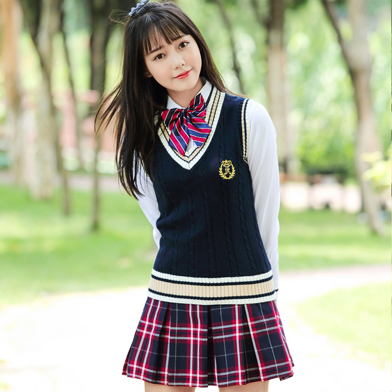 セーラー服 学園風ニットベスト付き長袖制服ブラウス