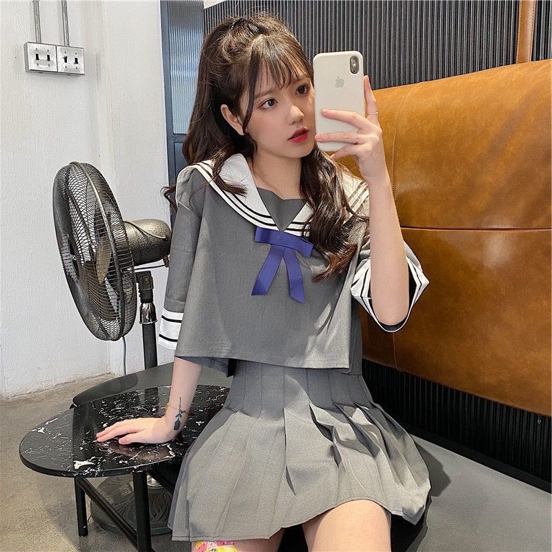 セーラー服 学園風リボン付き五分袖セーラー半袖トップス