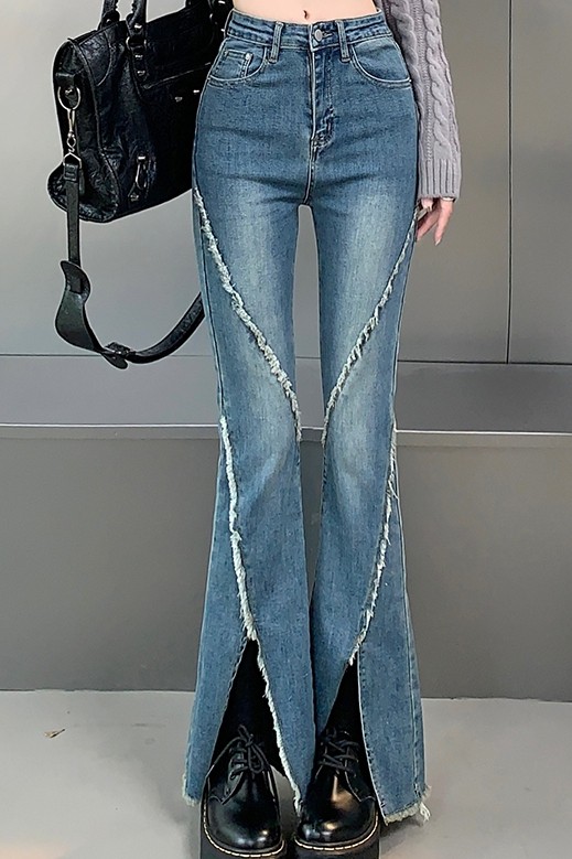 フレアパンツ 切替デザインフリンジ裾スリット入りフレアパンツ