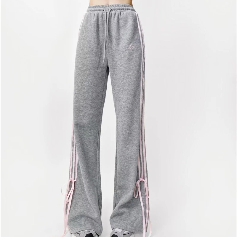 フレアパンツ サイドライン裾リボンフレアスウェットパンツ
