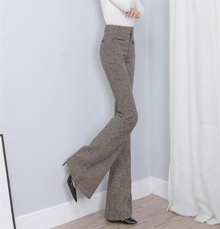 フレアパンツ 格子縞ハイウエストスラックス レトロフレア美脚パンツ