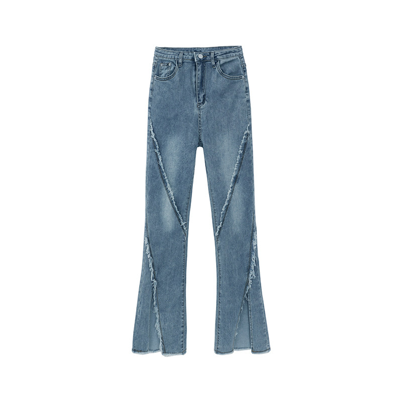 フレアパンツ 切替デザインフリンジ裾スリット入りフレアパンツ