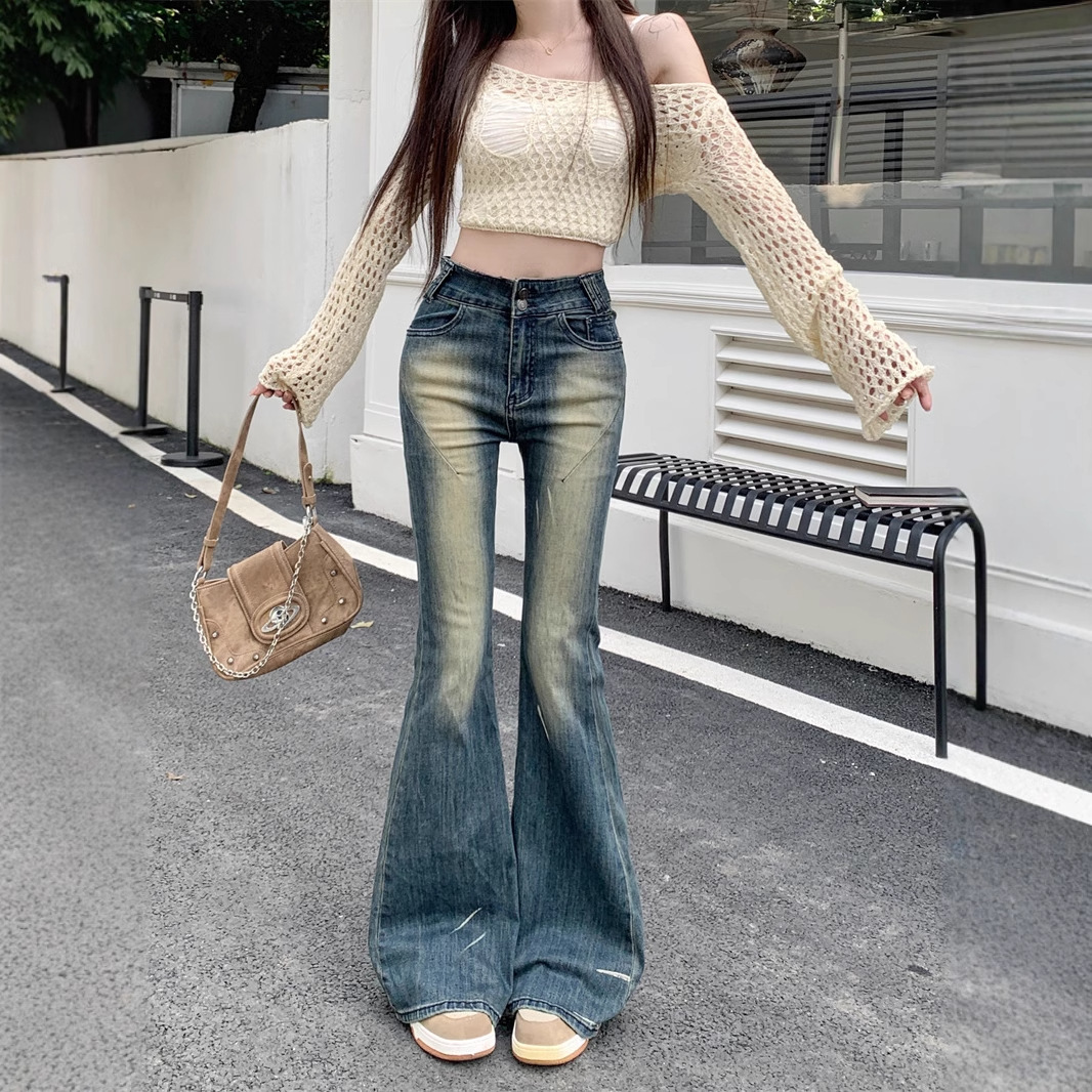 フレアパンツ ヴィンテージ加工ハイウエストフレアデニムパンツ