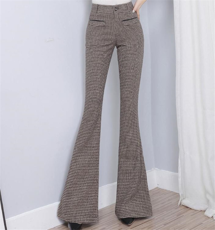 フレアパンツ 格子縞ハイウエストスラックス レトロフレア美脚パンツ