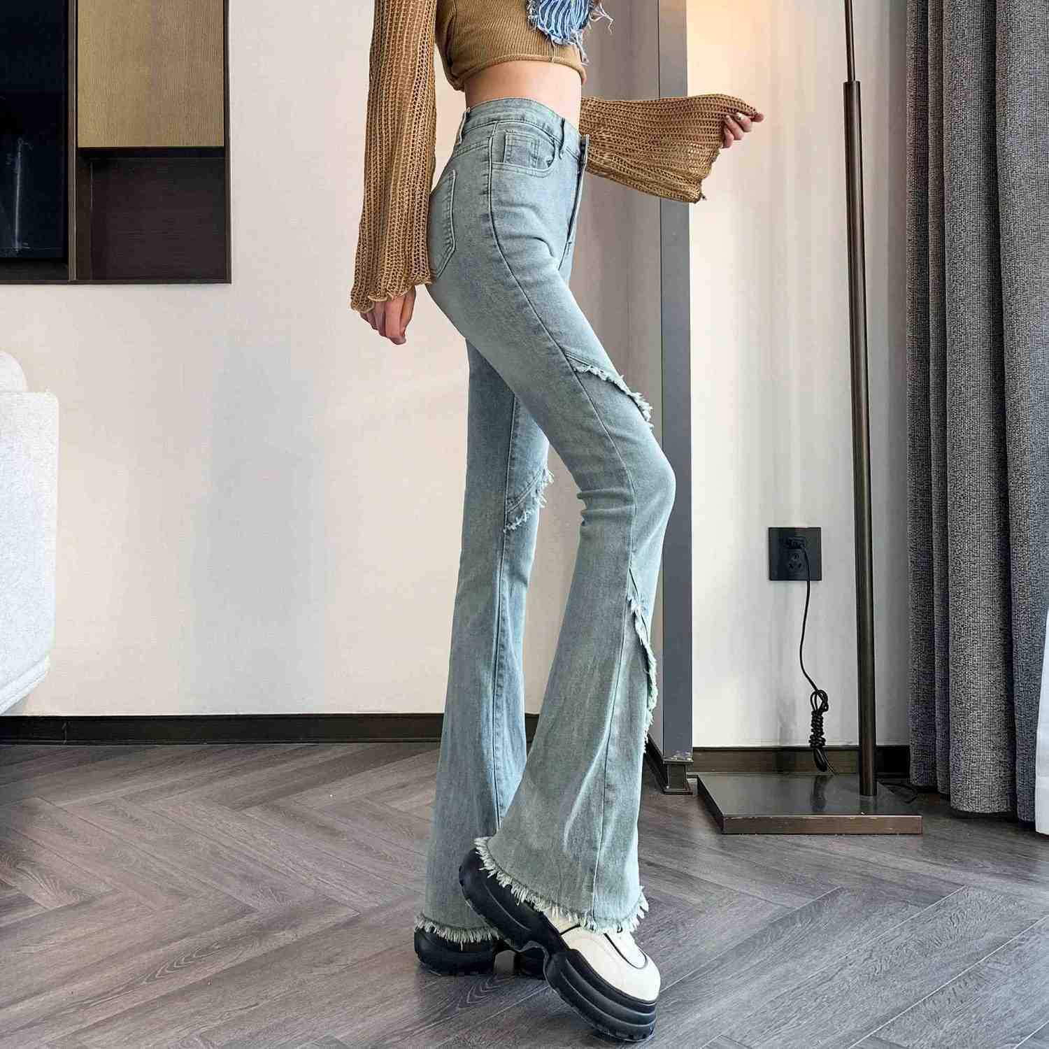 フレアパンツ 切り替えデザインハイウエストフレアデニムパンツ