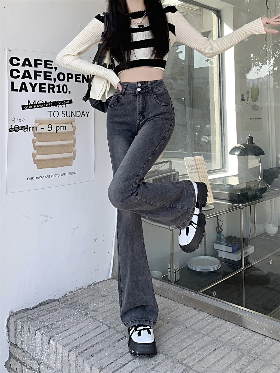 フレアパンツ 復刻風ハイウエスト裾広がりデニムパンツ