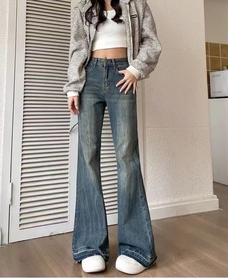 フレアパンツ レトロ風ウォッシュ加工フレアデニム