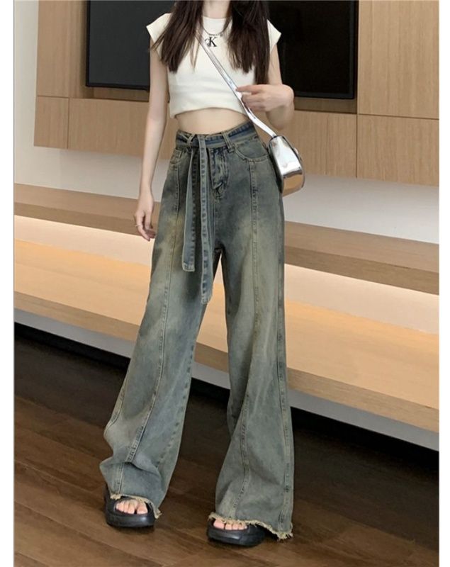 フレアパンツ 裾広がりベルト付きデニムパンツ