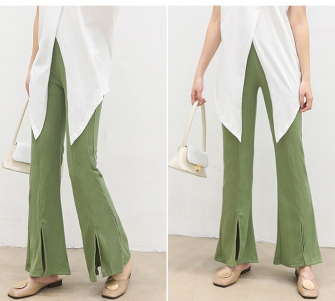 フレアパンツ 裾スリット入りリブフレアパンツ