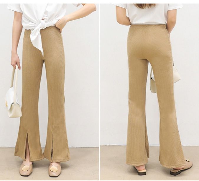 フレアパンツ 裾スリット入りリブフレアパンツ