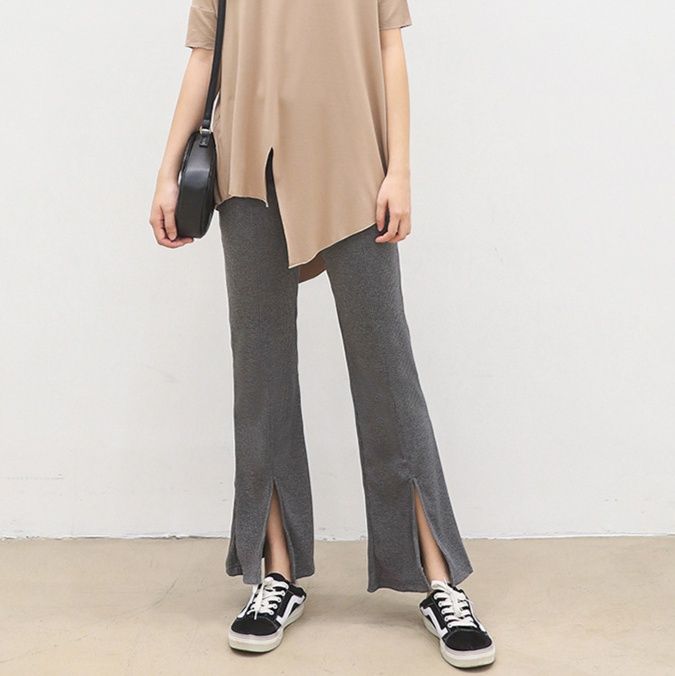 フレアパンツ 裾スリット入りリブフレアパンツ