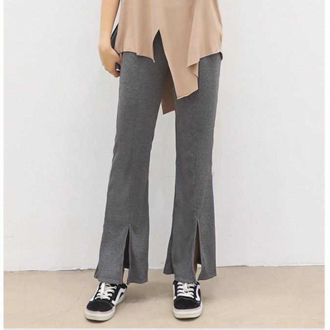 フレアパンツ 裾スリット入りリブフレアパンツ