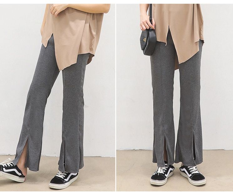 フレアパンツ 裾スリット入りリブフレアパンツ