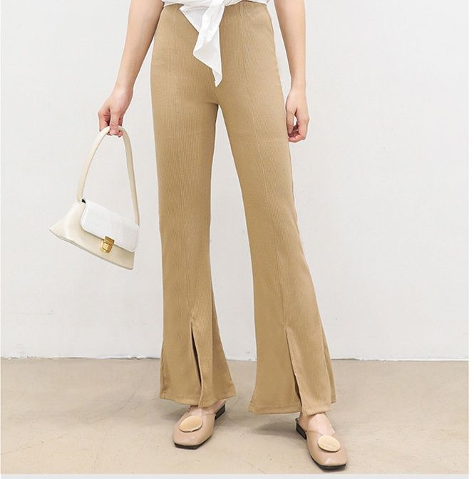 フレアパンツ 裾スリット入りリブフレアパンツ