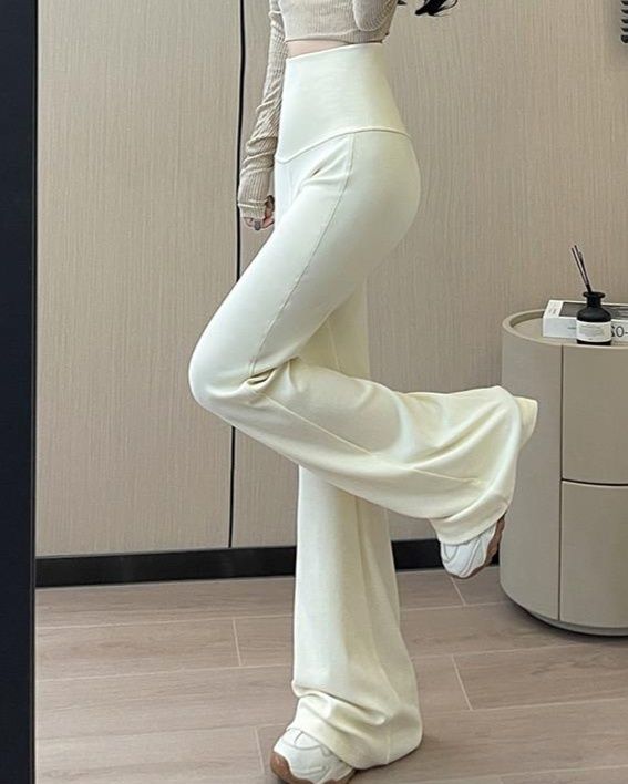フレアパンツ ハイウエストリブフレアパンツ