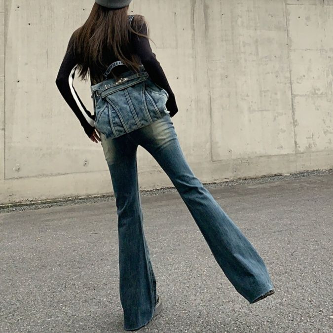 フレアパンツ レトロ風ハイウエストフレアデニム