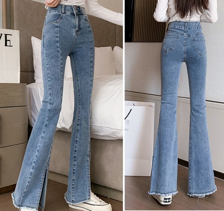 フレアパンツ 裾スリット入り美脚フレアデニム