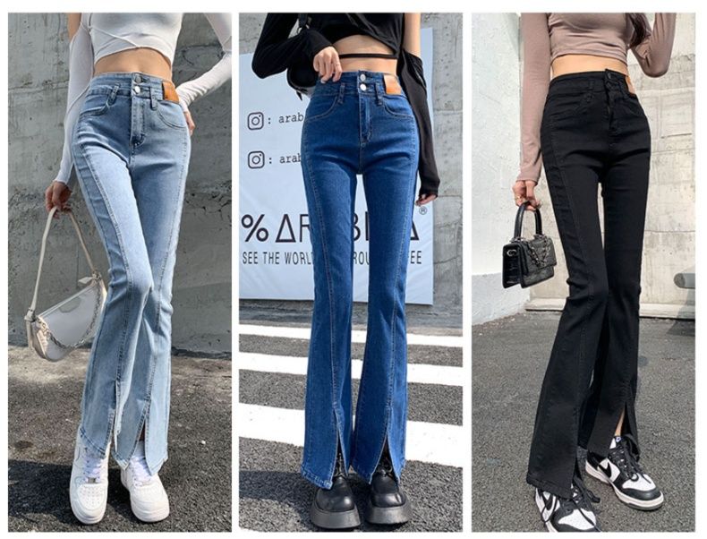 フレアパンツ スリット入り美脚フレアデニム